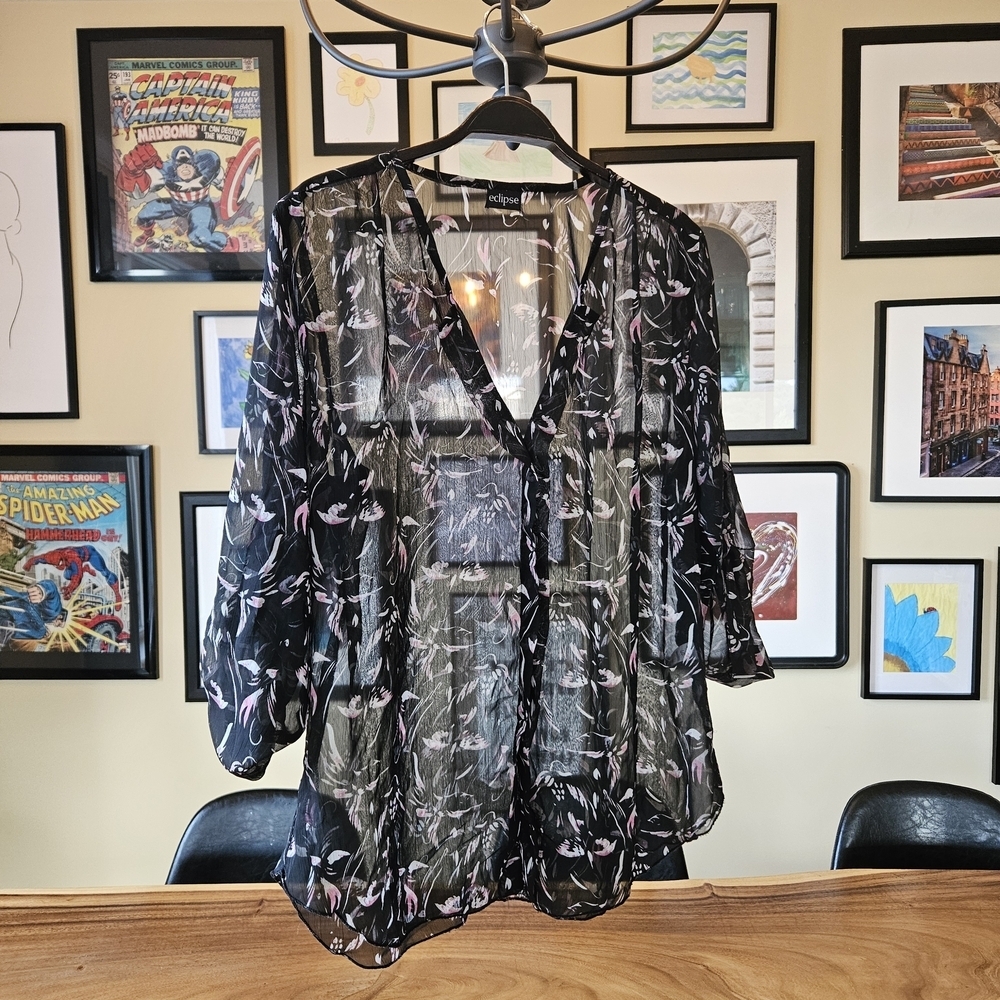 Eclipse Sheer Black and Floral Womens Blouse Adjustable Sleeves Womens L A00148